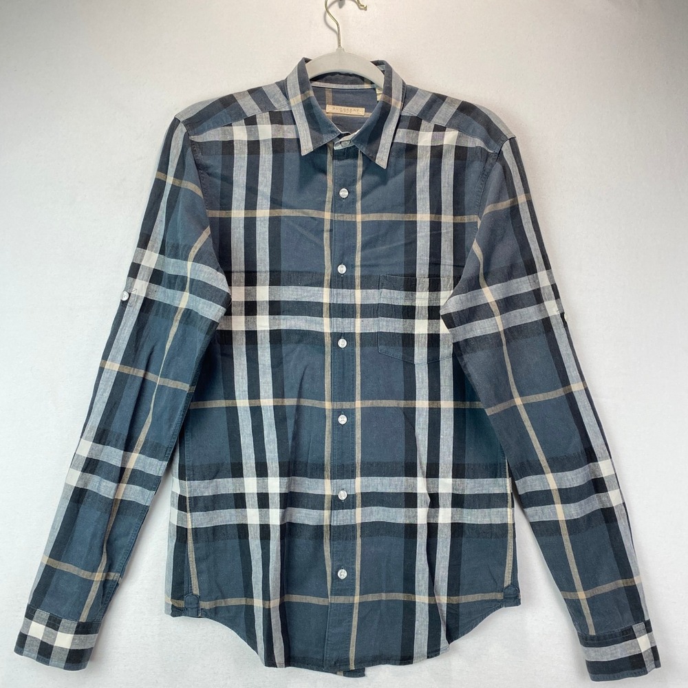 Burberry Brit Check Button Down Shirt Mens S Navy Blue Linen Cotton Long Sleeve